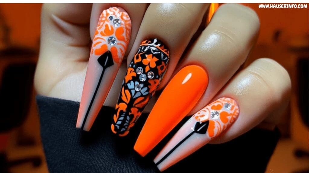 DALL·E 2024 05 25 16.09.29 Close up of a womans balled up fist displaying a beautiful nail design. The nails are long with neon orange talavera tile tips and diamonds on the t