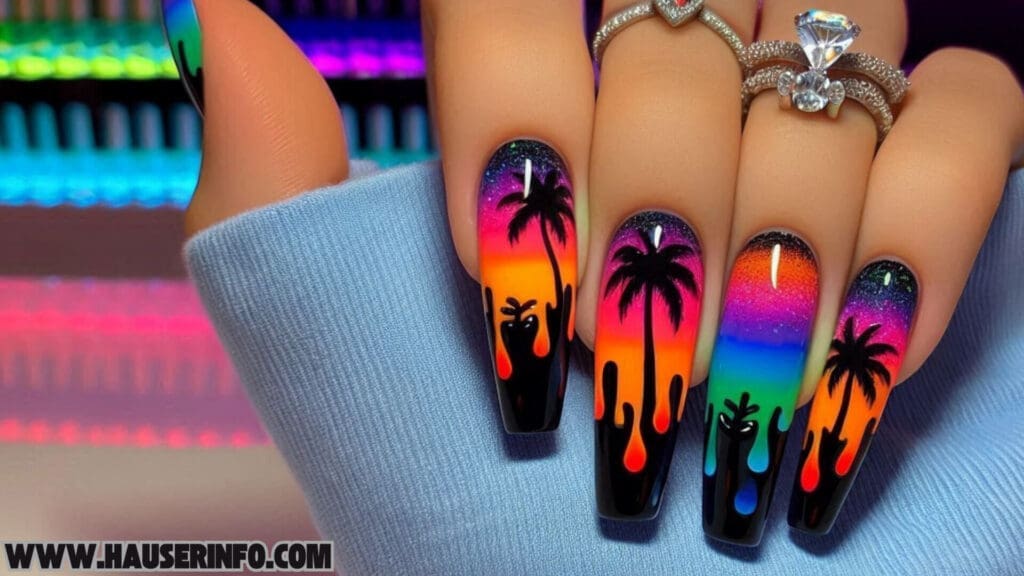 tropical flaming drip nails