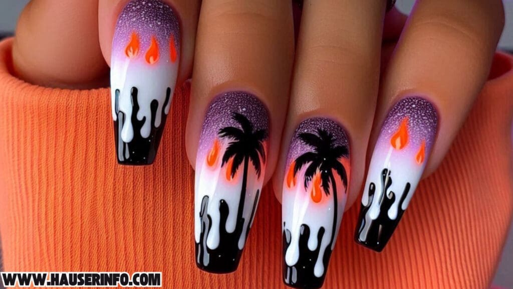 tropical flaming drip nails