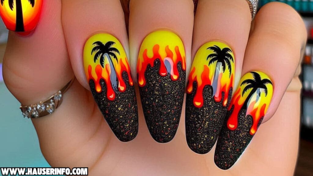 tropical flaming drip nails