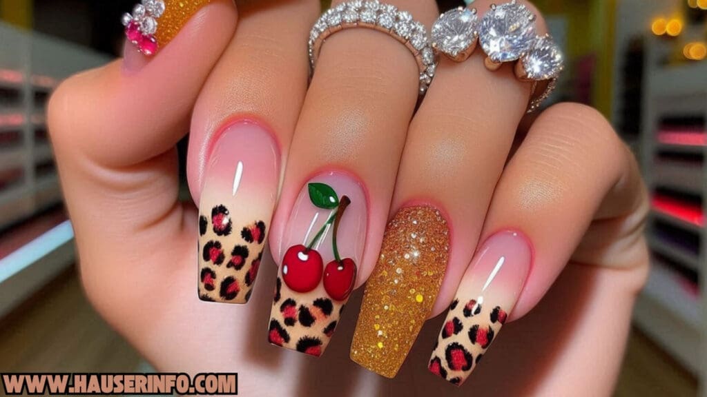 cherry leopard ladies nails