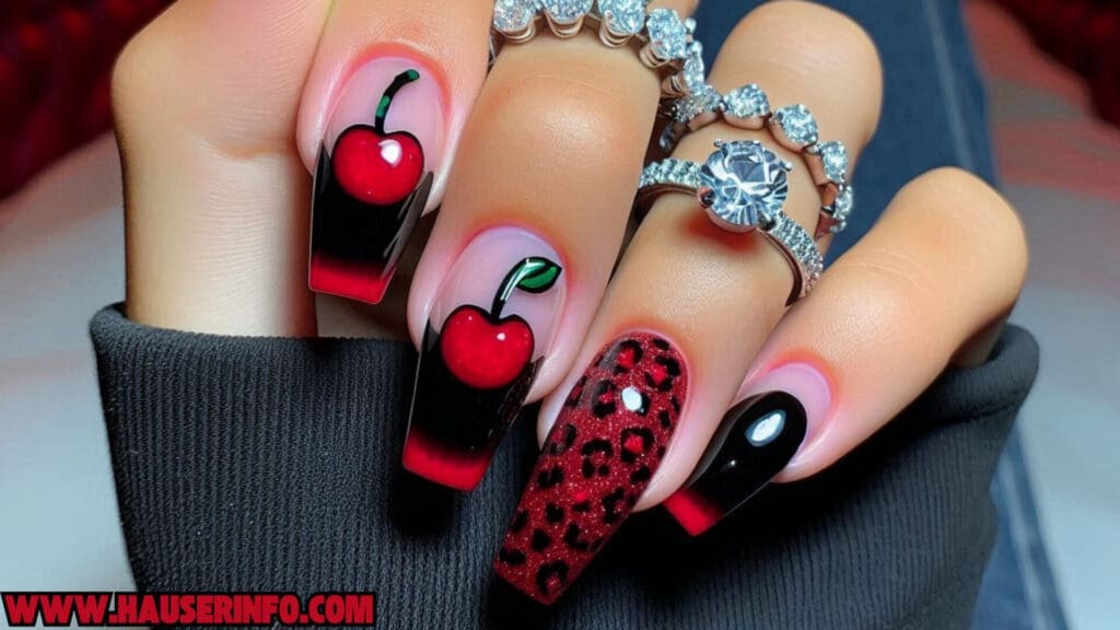 cherry leopard ladies nails