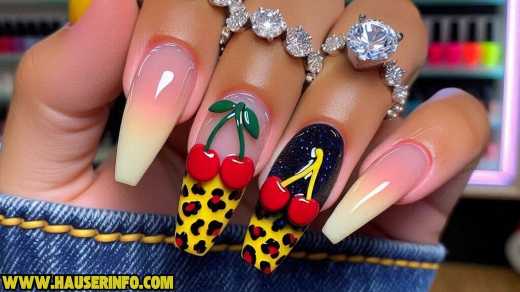 cherry leopard ladies nails