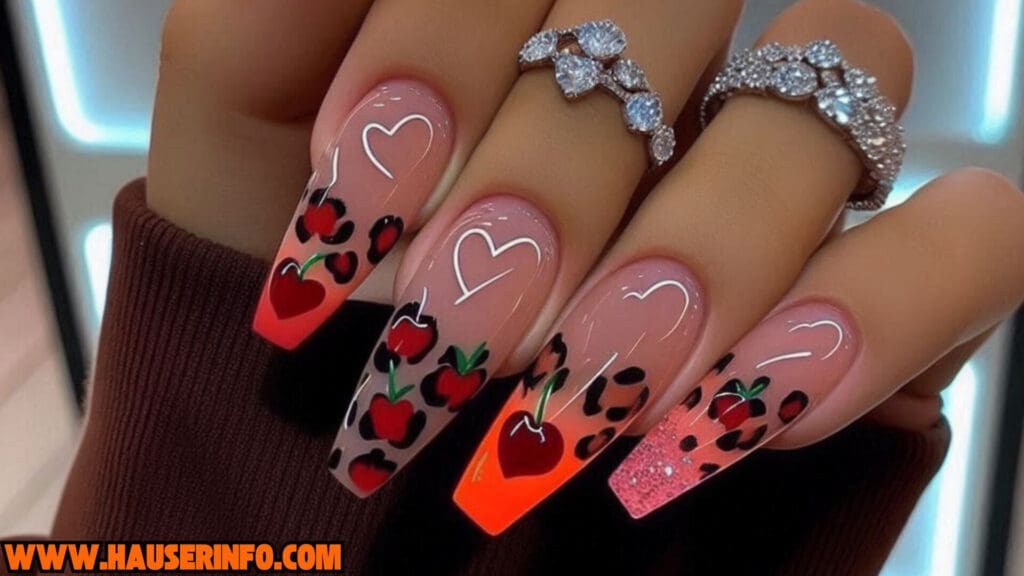 cherry leopard ladies nails