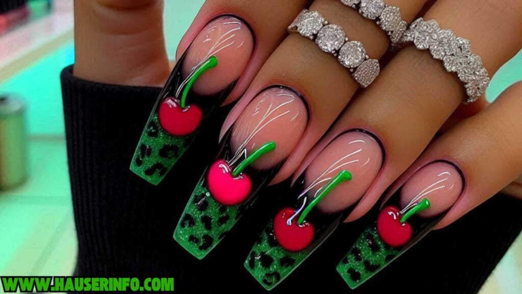 cherry leopard ladies nails