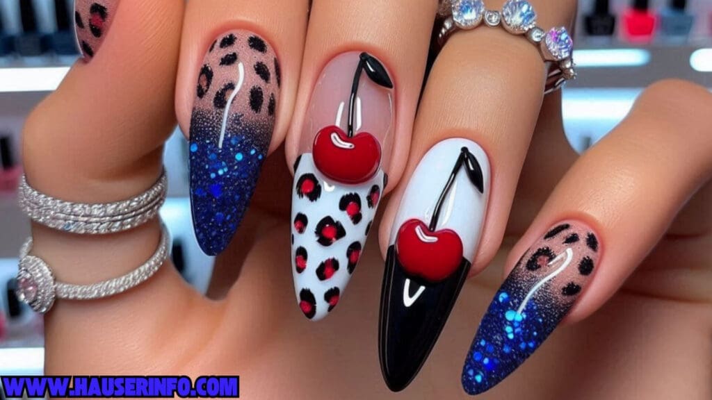 cherry leopard ladies nails