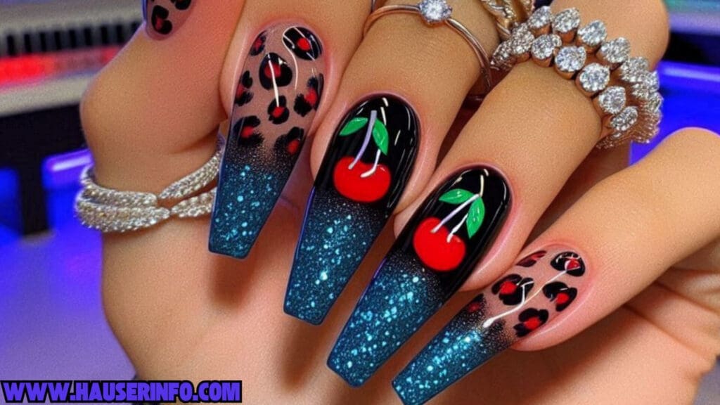 cherry leopard ladies nails