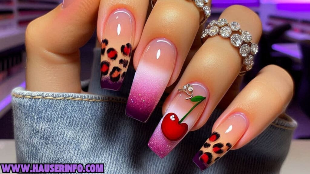 cherry leopard ladies nails