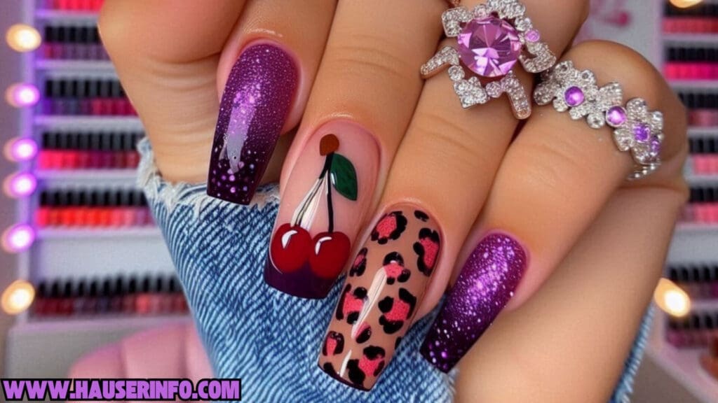 cherry leopard ladies nails