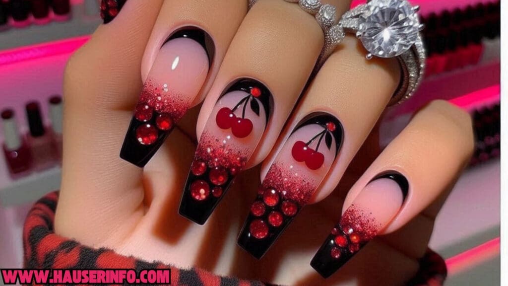 cherry leopard ladies nails