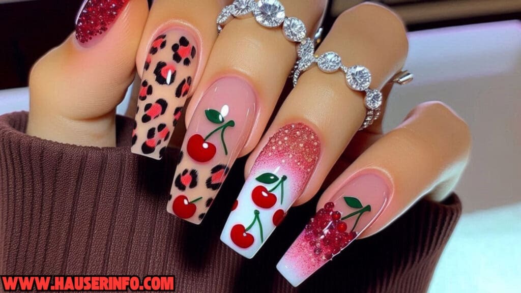 cherry leopard ladies nails