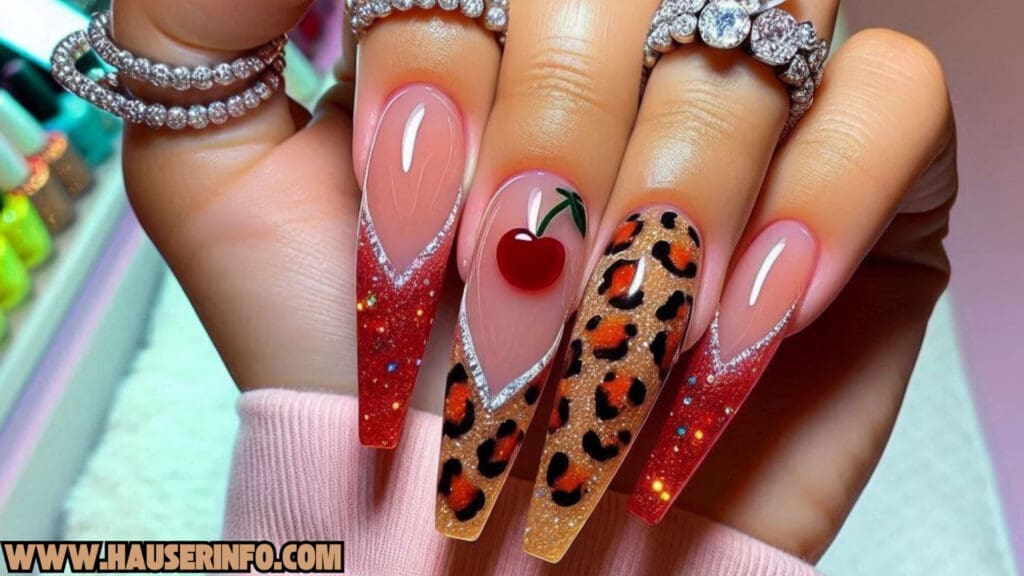 cherry leopard ladies nails