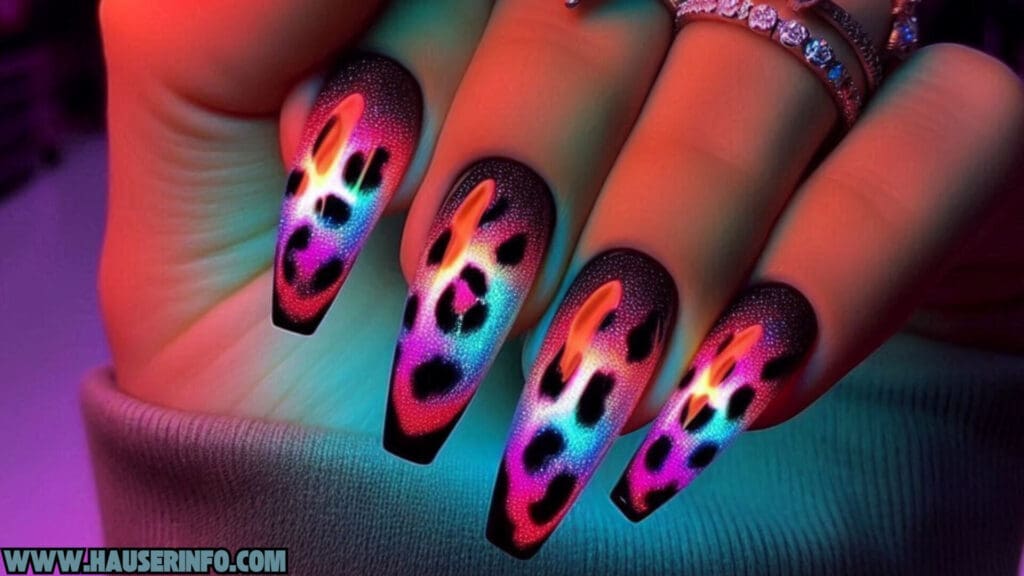 holographic neon leopard nails