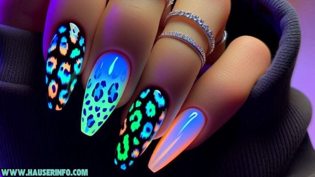 holographic neon leopard nails