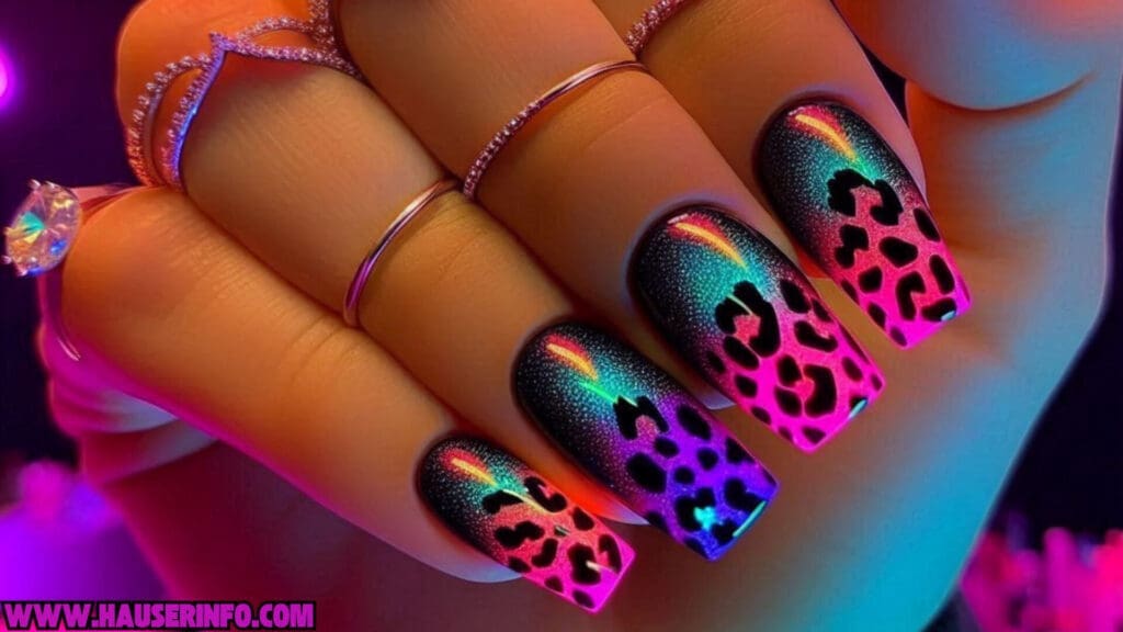 holographic neon leopard nails