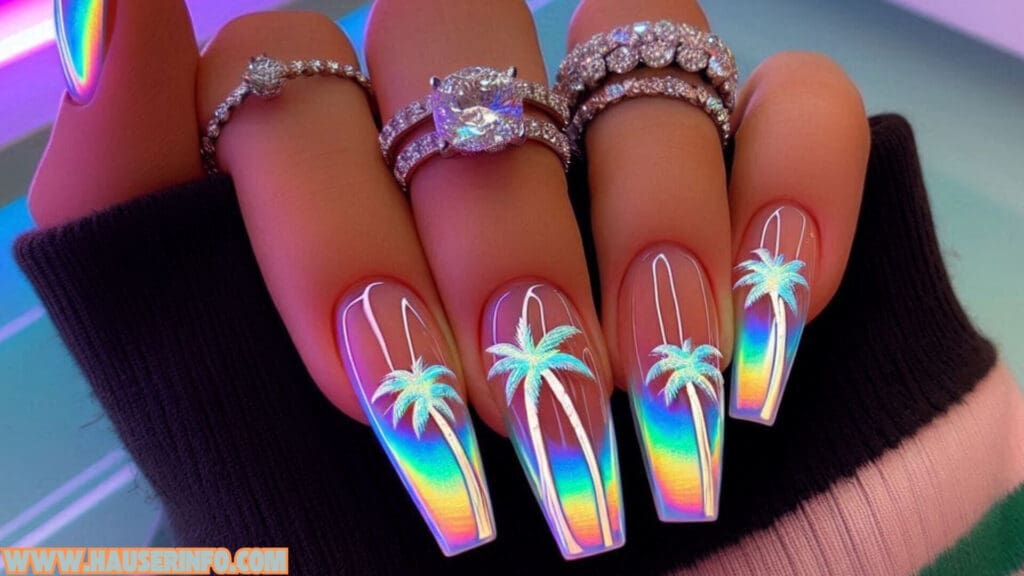 holographic palm tree nails