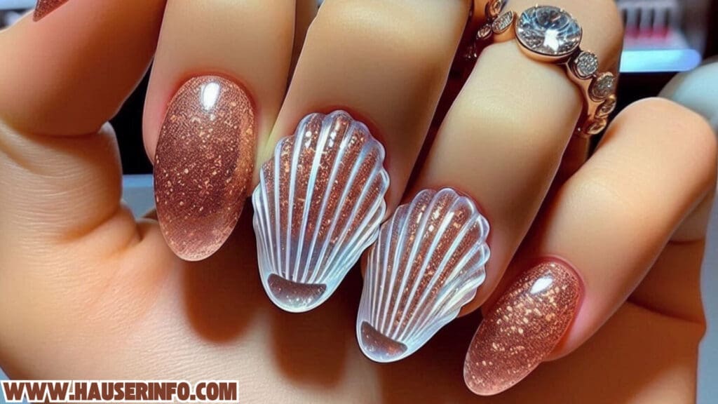 fall shell glitter ladies nails