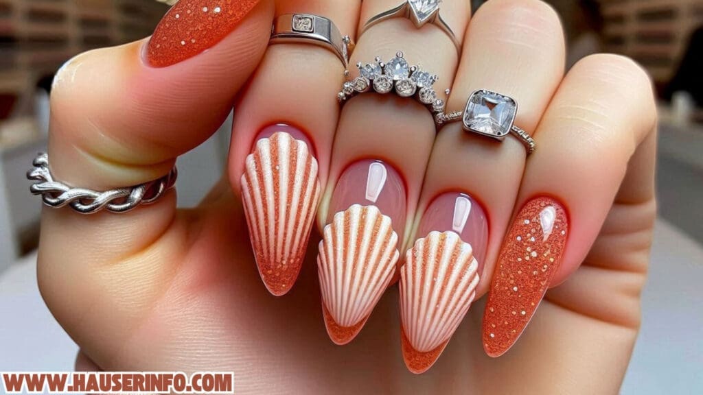 fall shell glitter ladies nails